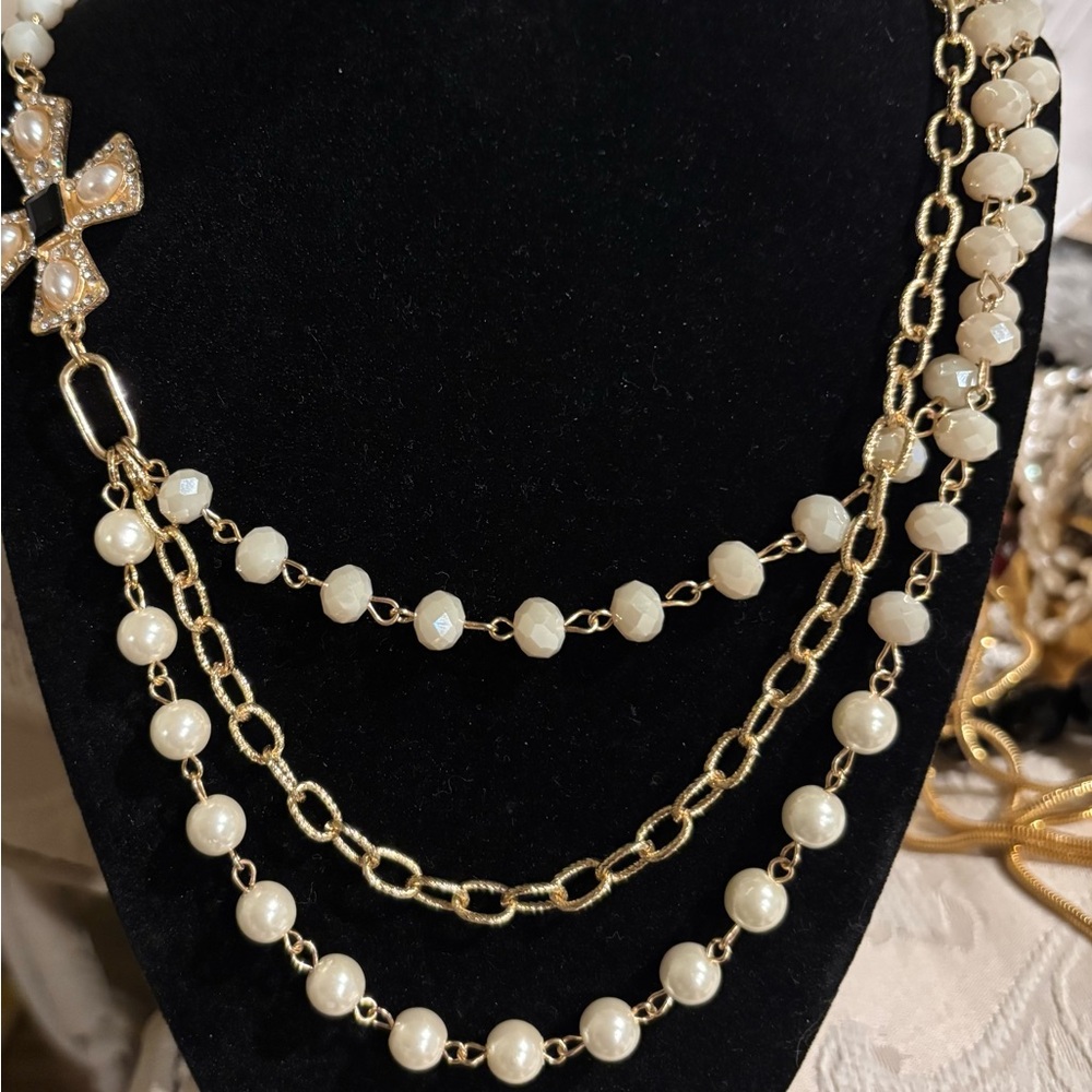 Gold and Cream Multi-Strand Pearl Chain Necklace